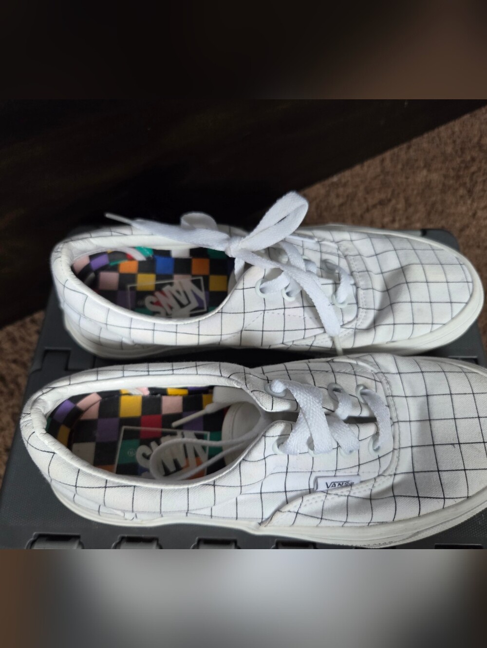 Vans White Grid Sneakers with Colorful Checkerboard Insole